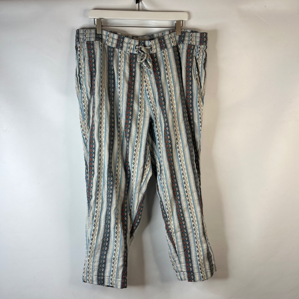 Sun + Stone Pants Women XXL Blue Geometric Stripe Linen Cotton Drawstring Casual